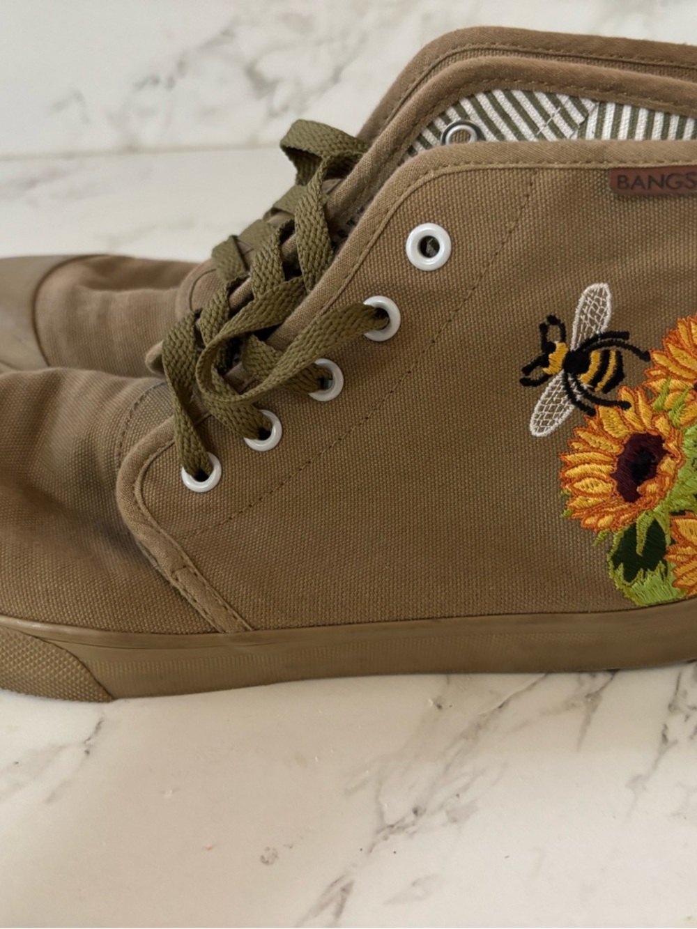 BANGS Brown High-Top Canvas Sneakers with Sunflower & Bee Embroidery
